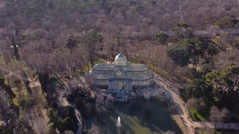 Crystal Palace Reflection on Lake - Madrid Drone View Stock Footage 296326129