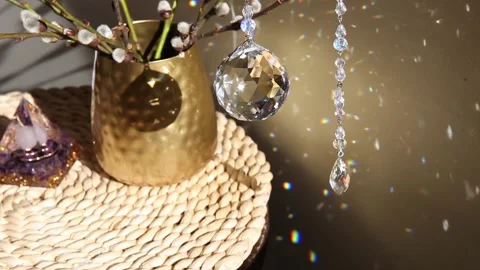 Crystal rainbow maker suncatcher hanging in home. Stock Footage 171818938