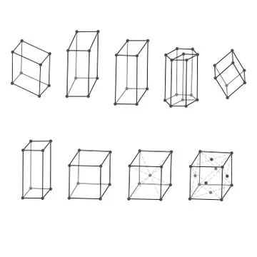 Crystal structures of NaCl salt, diamond, carbon dioxide CO2, iron metal Fe. Stock Illustration
