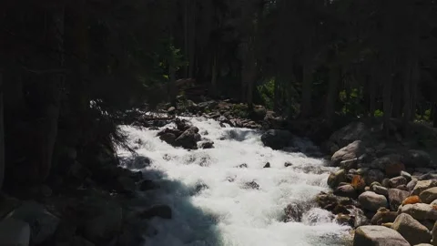 Crystal Water of Mountain River Stream with Cascade Flowing Through Stones in Video stock 159536307