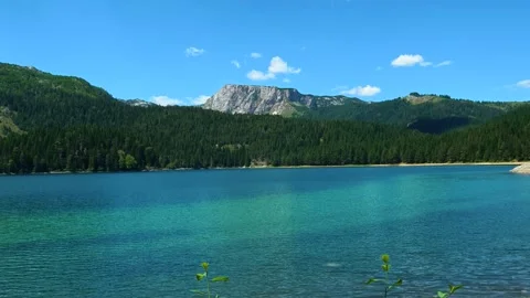 Crystal waters reflect distant mountain peaks. Black Lake, Montenegro Stock Footage 342969935