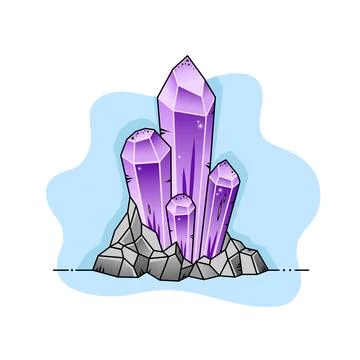 Crystals of amethyst in stones. Gemstone vector cartoon. Stock Illustration