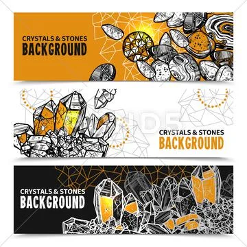 Crystals And Stones Horizontal Banners Set Stock Illustration