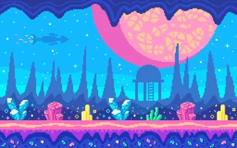 Crystals area on alien planet. Pixel art game location. 스톡 일러스트