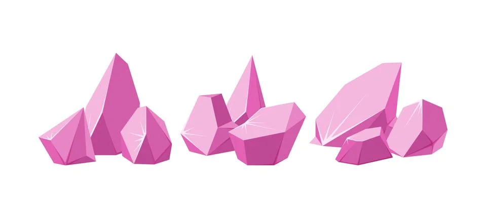 Crystals broken into pieces. Set of smashed pink crystals. Broken gemstones or Illustrazione stock