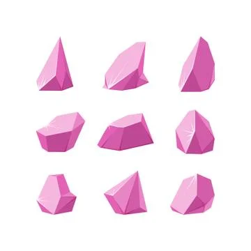 Crystals broken into pieces. Set of smashed pink crystals. Broken gemstones made Stock-Illustration