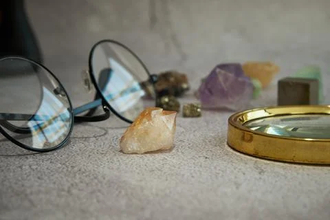 Crystals on the explorer's desk close up Stock Photos