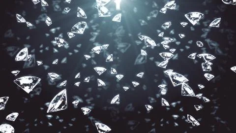 Crystals fall on a black background. 3D rendering of colored light for a video Stock Illustration