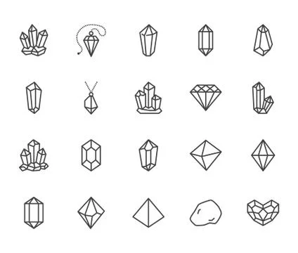 Crystals flat line icons set. Mineral rock, diamond shape, salt, abstract Stock Illustration