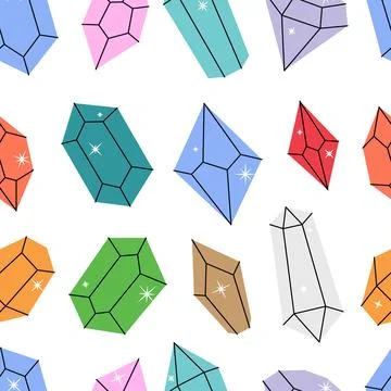 Crystals pattern. Gems of different shapes. Gemstones, amethyst, ruby, sapphire Stock Illustration