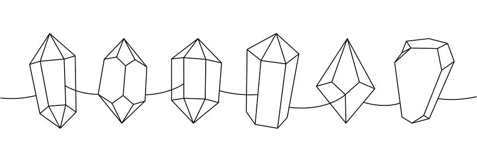 Crystals set. Diamonds of various geometric shapes and sizes one line continuous Stock Illustration