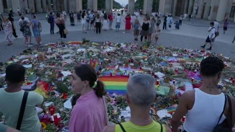CSD Attack Memorial Sign and Floral Tribute at Brandenburg Gate - July 30, 2026 Stock Footage 340924040