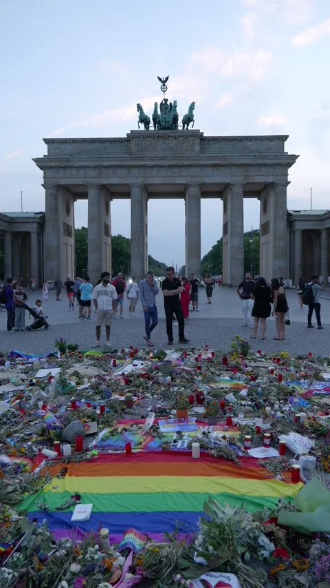 CSD Attack Memorial Sign and Floral Tribute at Brandenburg Gate - July 30, 2026 Stock Footage 340924677