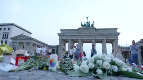 CSD Attack Memorial Sign and Floral Tribute at Brandenburg Gate - July 30, 2026 Stock Footage 340925036