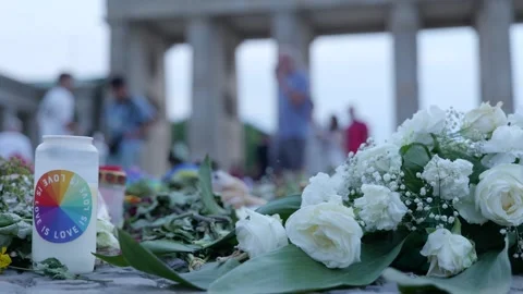 CSD Attack Memorial Sign and Floral Tribute at Brandenburg Gate - July 30, 2026 Stock Footage 340925132