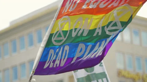 CSD Berlin Pride Celebration. There is no Pride on Dead Planet Flag Ecologists Stock Footage 132106244
