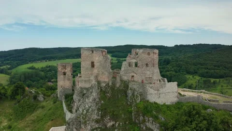 Csesznek, Hungary - 4K drone flying above the ruins of the Castle of Csesznek Stock Footage 136531473
