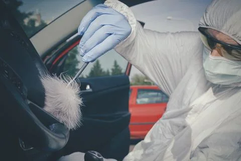 CSI - searching and developing of fingerprints on place of murder in car Stock Photos