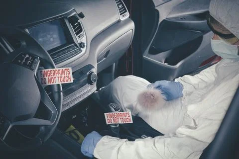 CSI - searching and developing of fingerprints on place of murder in car Stock Photos