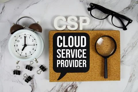 CSP - Cloud Service Provider acronym with alarm clock and magnifying glass,.. Stockfoto's