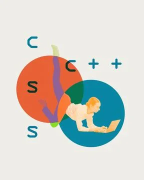 CSS and C plus programmer. Young woman working on laptop, writing code Stock Photos