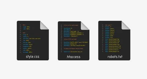 CSS, htaccess and robots.txt realistic flat vector icon set with real structured 스톡 일러스트