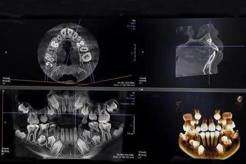 CT image of the teeth of a 9-year-old child, with baby teeth, in different .. Stock Photos