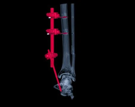 CT Scan ankle joint  3D  Rendering image showing fracture tibia and fibula .. Stock Illustration