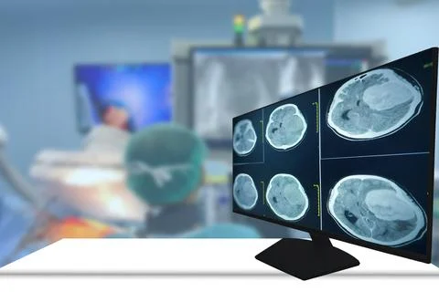 CT Scan brain Finding isodense mass with ill-defined margin and surrounding.. Stock Photos