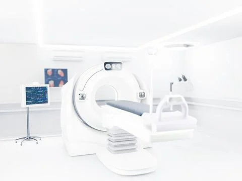 The CT scan room features a 3D rendering  CT scanner, used for high-resolut.. Illustrazione stock