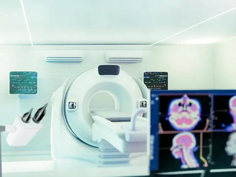 The CT scan room features a 3D rendering  CT scanner, used for high-resolut.. Stock Illustration