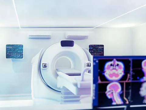 The CT scan room features a 3D rendering  CT scanner, used for high-resolut.. Stock Illustration
