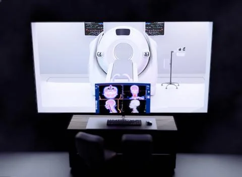 The CT scan room features a 3D rendering  CT scanner, used for high-resolut.. Illustrazione stock