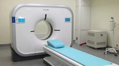 CT scanner. Medical examination using a modern CT scanner in a modern hospital. Stock Footage 318799554