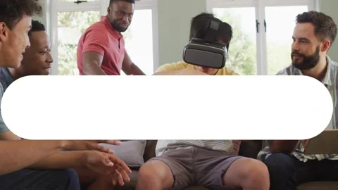 CTA overlay popping, VR user reaching ahead, friends leaning, subscribe button Stock Footage 333999806