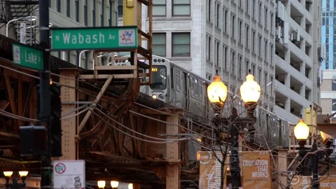 CTA Subway train passing on Elevated Track in the Loop of Chicago. Video stock 147980001