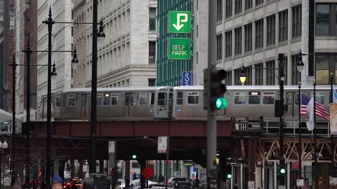 CTA Subway train passing on Elevated Track in the Loop of Chicago Stock Footage 172216694