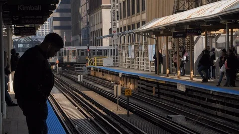CTA train approaching to the Kimball Station in Chicago Downtown  Stock Footage 111329124