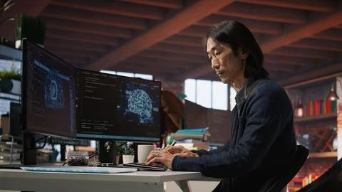 CTO manager in AI startup drinking coffee while coding Stock-Fotos
