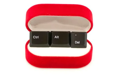 Ctrl, Alt, Del keys in ring case (restart relationships) Stock Photos