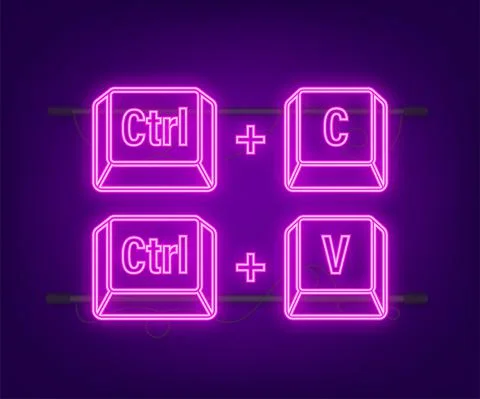 Ctrl C and Ctrl V computer keyboard neon buttons. Desktop interface. Web icon Stock Illustration