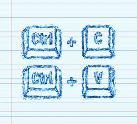 Ctrl C and Ctrl V computer keyboard sketch buttons. Desktop interface. Web icon Illustrazione stock