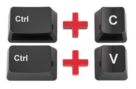 Ctrl C and Ctrl V computer keyboard buttons. Keyboard shortcuts, 3D rendering Illustrazione stock