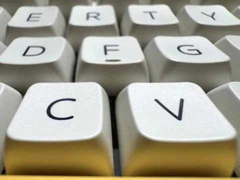 Ctrl C ctrl V keys on white mechanical keyboard with red switches in macro Stock Photos