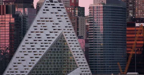 CU of VIA 57 West building and other New York City skyscrapers Stock Footage 67305425