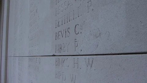 CU at Angle of Names of the Dead panels in Menin Gate Memorial at Menin Gate Stock Footage 98187927