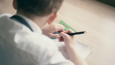 CU: Boy do school homework, writes a ballpoint pen in a notebook. Stock Footage 105100124
