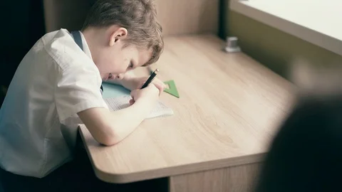 CU: Boy do school homework, writes a ballpoint pen in a notebook. Stock Footage 105100218