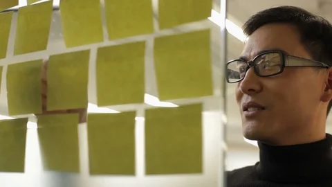 CU Business man looking at board with adhesive notes in office / China Stock Footage 69955555