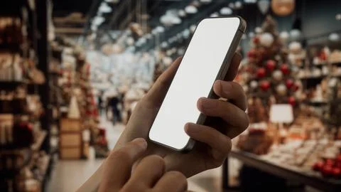 CU Caucasian man checking his phone while shopping for Christmas presents Stock Photos
